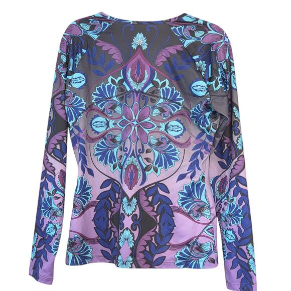 Athleta Runaway Top Floral Moisture Wicking LS Shirt Blue & Purple Leaves sz L - Picture 7 of 8